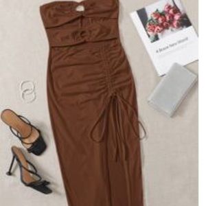 Brown strapless Dress with High Split